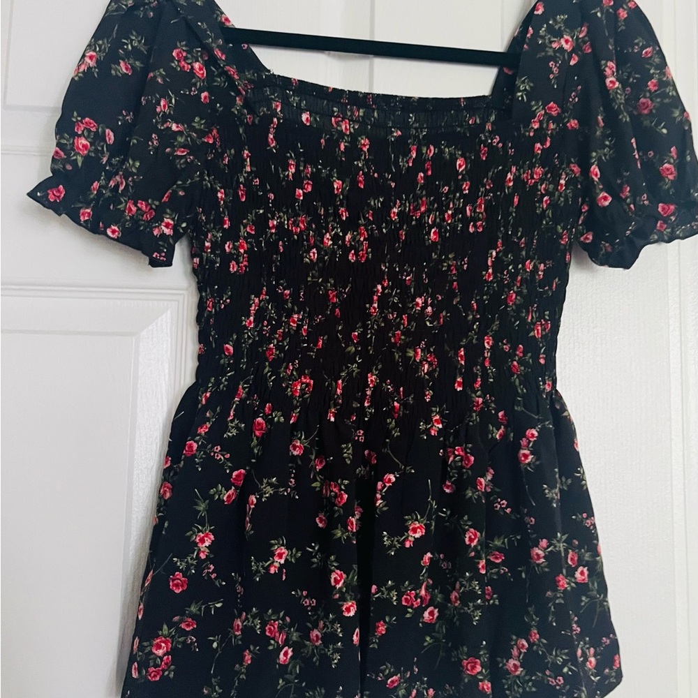 SHEIN Black and Pink Ruffled Smocked Blouse